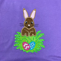 An applique of a bunny rabbit discovering two eggs in the grass by snugglepuppyapplique.com