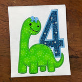 An applique of a brachiosaurus dinosaur with the number four by snugglepuppyapplique.com