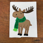 An applique of a moose wearing a scarf with 3d fringe by snugglepuppyapplique.com