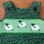 An applique of three whimsical sheep leaping with clover in their mouths by snugglepuppyapplique.com