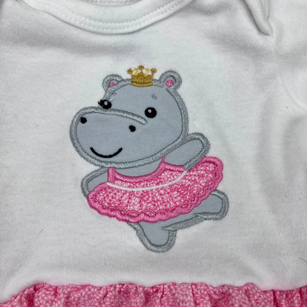 Applique of a hippo dancing with a tutu and crown by snugglepuppyapplique.com
