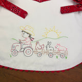 a bean stitch embroidery design of a girl riding a tractor pulling a chicken, rabbit and pig in trailers behind her by snugglepuppyapplique.com