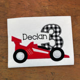 An applique of a race car and the number three by snugglepuppyapplique.com