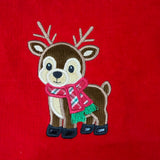 An applique of a reindeer wearing a scarf with 3D fringe by snugglepuppyapplique.com