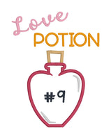 An appliqué of a heart shaped bottle with "# 9" embroidered on it and the words "Love Potion" embroidered above the bottle. by snugglepuppyapplique.com