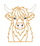 An applique design of a highland cow in patchwork zigzag