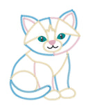 An applique design of a kitten in patchwork with zigzag stitch.