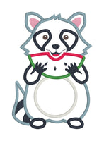 An applique design of a cute Raccoon eating a slice of watermelon in 6 sizes