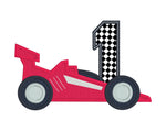 An applique of a race car and the number one by snugglepuppyapplique.com