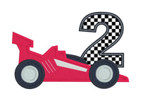 an applique of a race car and the number two by snugglepuppqapplique.com