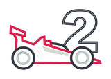 an applique of a race car and the number two by snugglepuppqapplique.com