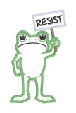 An applique design of a frog holding a sign with the word 'RESIST' by snugglepuppyapplique.com