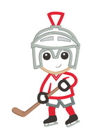 An applique design of a hockey player waring the helmet of a Trojan, Spartan or Knight by snugglepuppyapplique.com