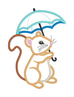 an applique design of a squirrel holding an open umbrella by snugglepuppyapplique.com