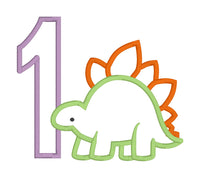 an applique design of a Stegosaurus and the number one by snugglepuppyapplique.com