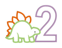 An applique design of a stegosaurus and the number two by snugglepuppyapplique.com