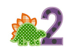 An applique of a stegosaurus and the number 2 by snugglepuppyapplique.com