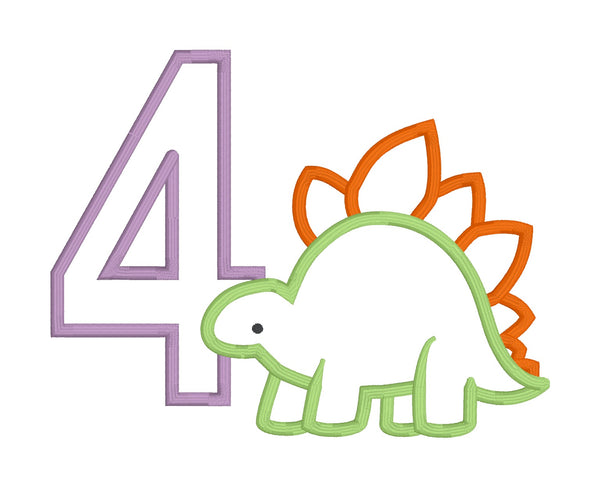 An applique design of a stegosaurus
with the number 4 by snugglepuppyapplique.com