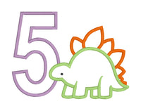 A birthday applique of a stegosaurus
and the number 5 by snugglepuppyapplique.com