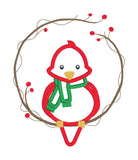 An applique of a cute plump cardinal wearing a scarf and sitting on a twig wreath with berries by snugglepuppyapplique.com