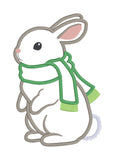 an applique design of a rabbit wearing a scarf in 6 sizes by snugglepuppyapplque.com