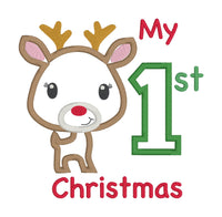 an applique design of a cute reindeer and the words "My 1st Christmas" by snugglepuppyapplique.com