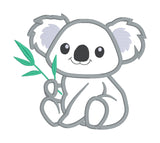 An applique design of a baby koala holding eucalyptus by snugglepuppyapplique.com