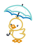 An applique design of a duck holding an umbrella by snuggleupuppyapplique.com