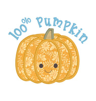 An applique of a smiling pumpkin with the words "100% Pumpkin" embroidered by snugglepuppyapplique.com