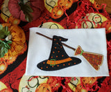 witch's hat and broom halloween applique embroidery deisgn, snugglepuppyapplique.com