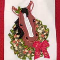 Horse with wreath around his neck Christmas Applique for Embroidery Machine use by Snugglepuppyapplique.com