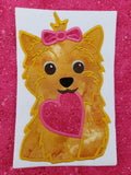 Yorky valentine applique embroidery design, Yorkshire terrier holding heart in mouth, bow in fur