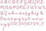 Cursive embroidery BX font in all upper and lower case letters, numbers and common punctuation.