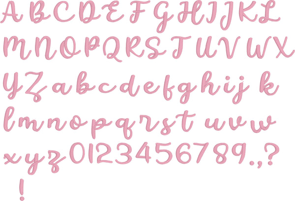 Cursive embroidery BX font in all upper and lower case letters, numbers and common punctuation.