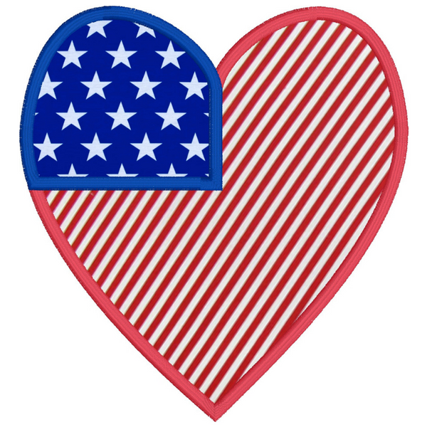 An applique of a heart made to look like an American Flag, 4th of July , snugglepuppyapplique.com