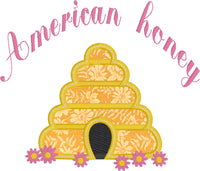An applique of a beehive with flowers and the words "American honey" embroidered above by snugglepuppyapplique.com