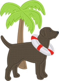 An applique of a labrador with a life ring around its' neck and a palm tree behind it.snugglepuppyapplique.com