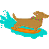 An applique of a cute dachshund  wearing a lei on a surf board and a wave  by snugglepuppyapplique.com