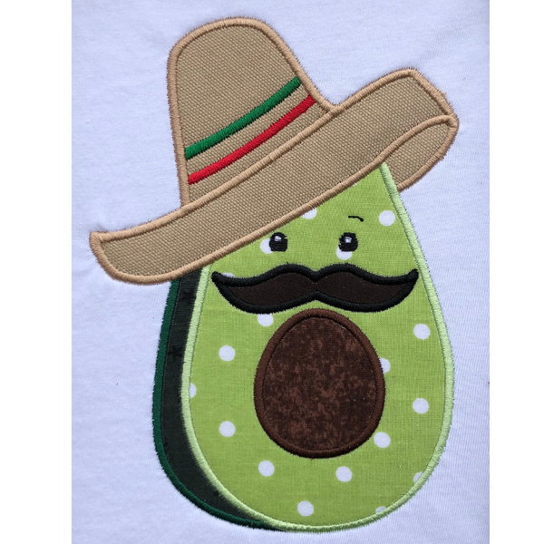 Avocado wearing a sombrero Cinco de Mayo Applique Embroidery Design, snugglepuppyapplique.com