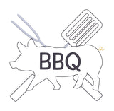 A bean stitch applique of BBQ utensils and a Pig with "BBQ" embroidered on it. by snugglepuppyapplique.com