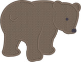 bear applique embroidery design, bear is walking away with head turn back, snugglepuppyapplique.com