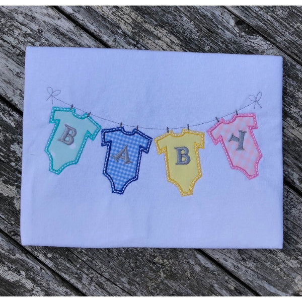 baby appliqué embroidery design, clothesline with for baby bodysuits hanging, each has a letter that spell out baby, snugglepuppyapplique.com