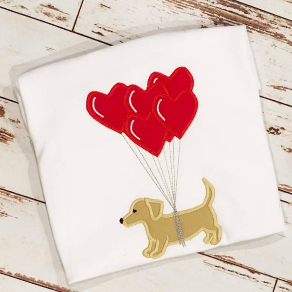 valentine applique embroidery design, dachshund with heart balloons, dog, puppy, snugglepuppydesign.com