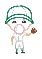 An applique of a baseball player holding a mitt an blowing a bubble by snugglepuppyapplique.com
