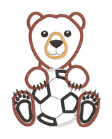 Bear mascot holding a soccer ball applique embroidery design by snugglepuppyapplique.com