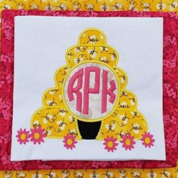 beehive monogram frame applique embroidery design, warre' hive with 6 flowers