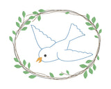 A bean stitch applique of a bird in flight with a frame of twigs and leaves by snugglepuppyapplique.com
