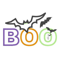 An applique of the word "BOO" with bats flying out of the last "O" by snugglepuppyappilque.com
