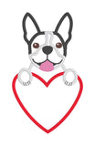 A machine applique embroidery design of a Boston Terrier with its paws on a heart by snugglepuppyapplique.com