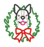 An applique of a Boston Terrier with his head through a Christmas Wreath by Snugglepuppyapplique.com